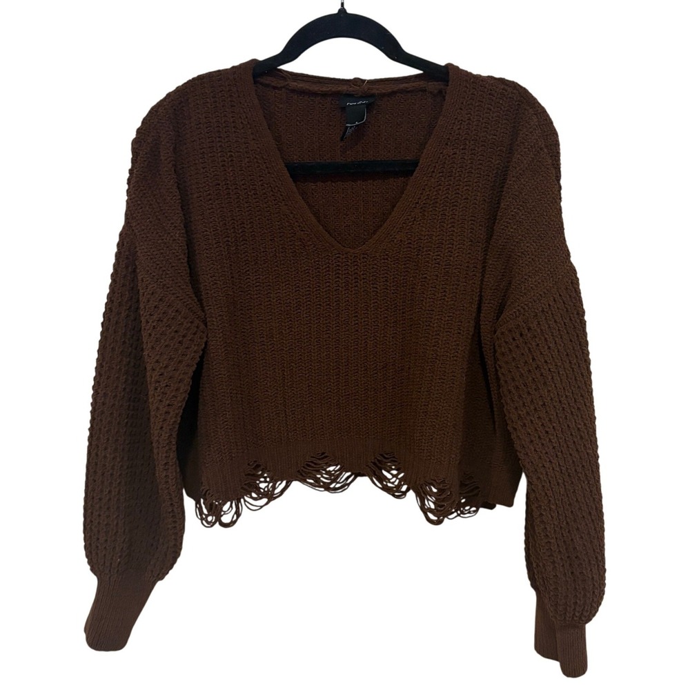 Y2K rue21 Sweater Womens Small Brown V-Neck Distressed Hem Cropped Knit Pullover